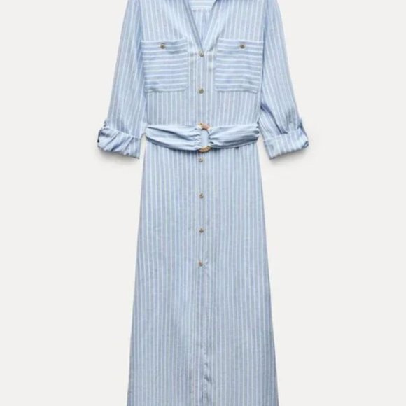 NWT Zara LINEN BLEND MIDI SHIRTDRESS XS - Picture 4 of 12